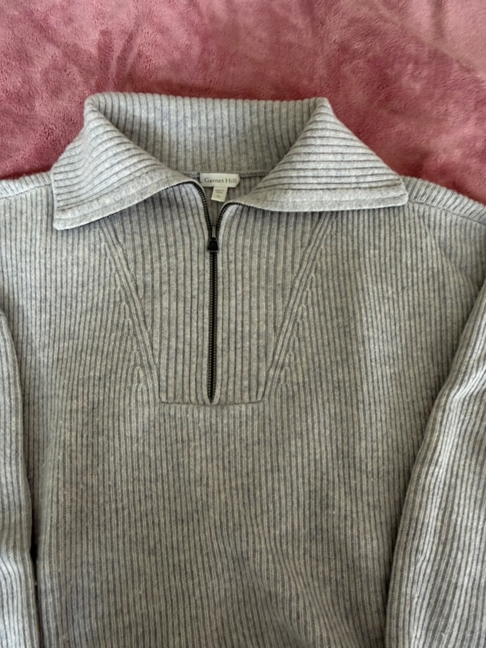 Garnet Hill Cashmere Light Gray Ribbed Half-Zip Pullover - Picture 4 of 7